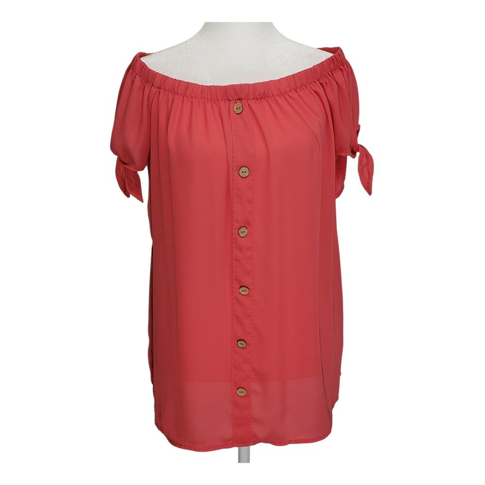 Rue 21 Coral Boho Peasant Blouse M Off Shoulder Tie Sleeve Slouchy Summer Top
